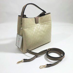 Jen & Co Tati Satchel Cross Body Bag Vegan Leather Beige Woven Pattern